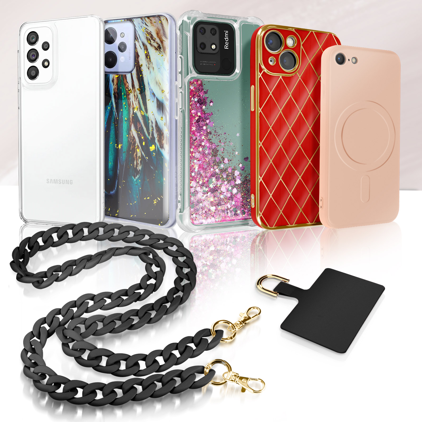 LEEQ 2pcs Catena per Cellulare Perla - Cordino per Cellulare con 2 Inserti Trasparenti, Catena Corta Universale per Cellulare con Cinturino da Polso, Adatta alla Maggior Parte degli Smartphone
