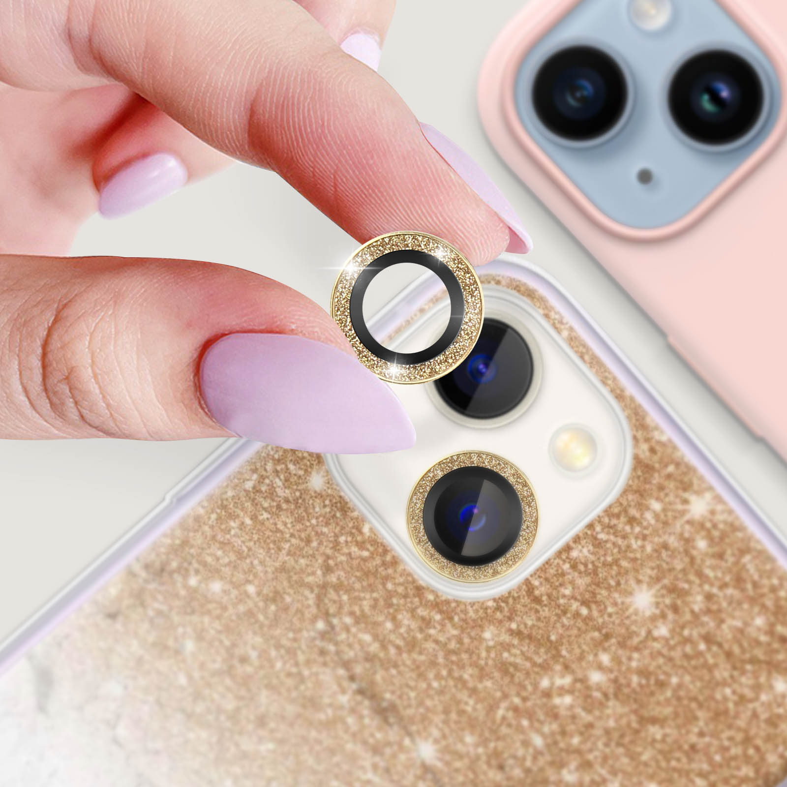 QsmQam Lot De 2 Protections D'objectif D'appareil Photo Pour IPhone 14/14 Plus Et IPhone 15/15 Plus, Anneau En Métal Trempé, Ultra HD, Anti-rayures, Avec Aide à L'installation Et Au Retrait - Noir