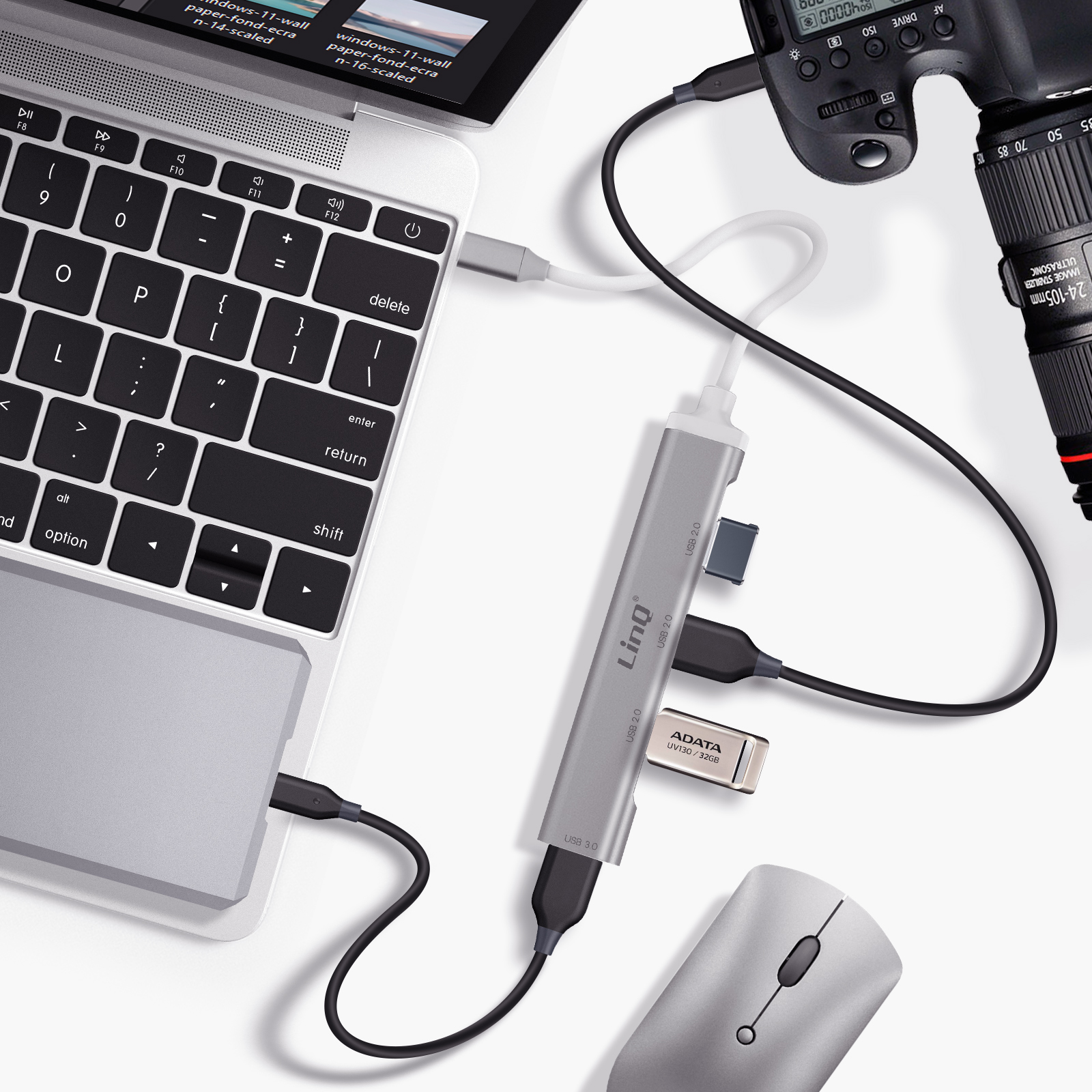 Hub USB 4 Ports - Extendeur USB 3.0 / Type-C - Compact, Plug & Play - Pour Ordinateur Portable, PC - Gris - 6