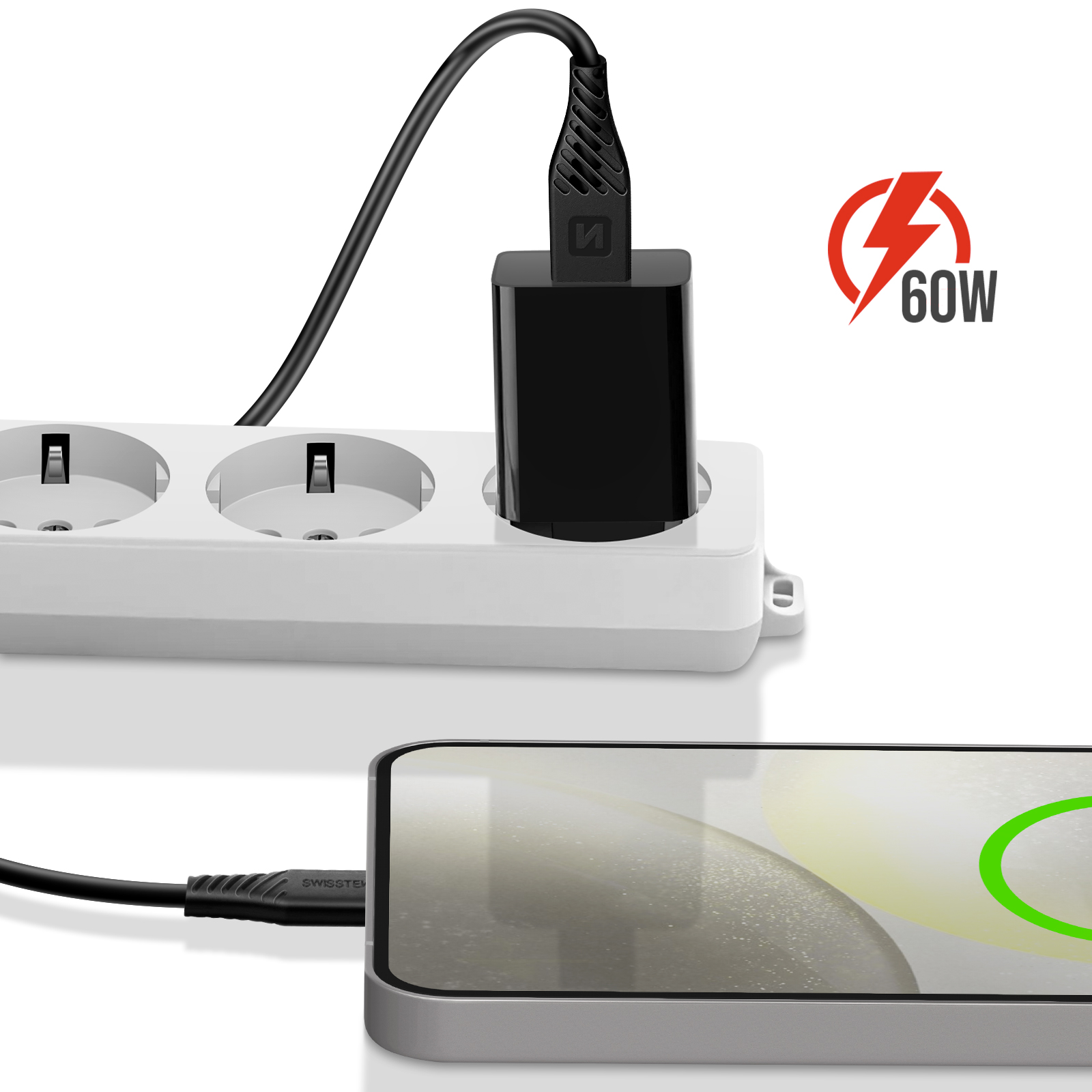 Swissten Câble USB Type C Fibre Aramide 1.5m Charge Rapide 60W Prise