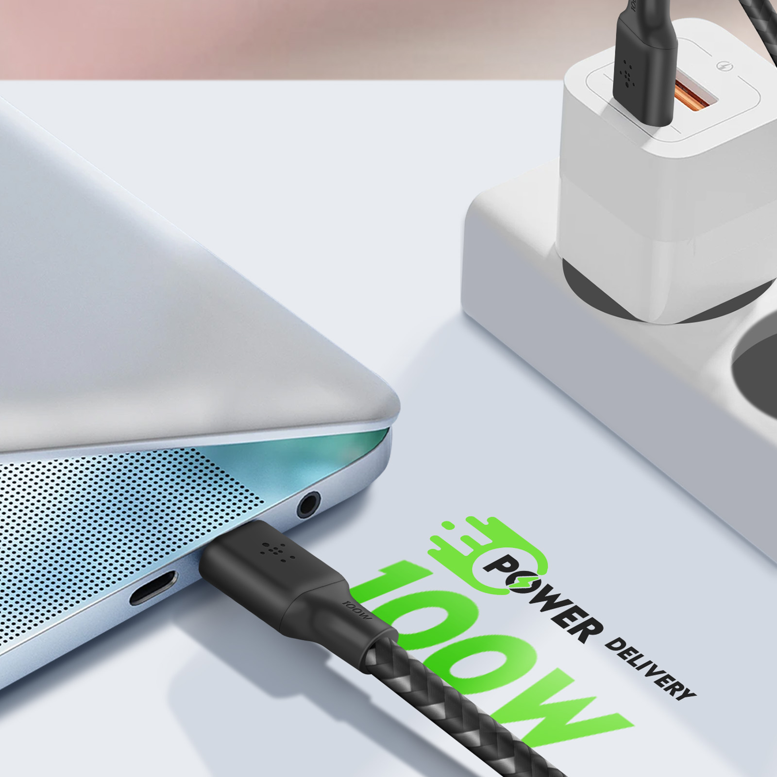 Câble USB C Charge Rapide 60W Longueur 2,00 M Waytex, Nylon Tressé Blanc, 2 Fiches USB Type C 3.1 Mâle - Informatique