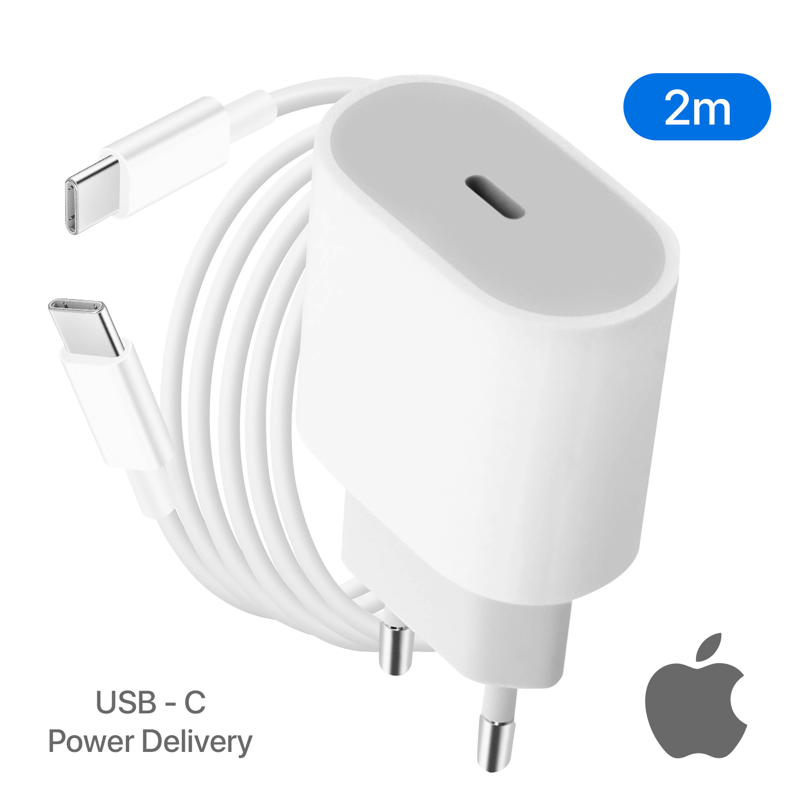 Chargeur Rapide 20W USB-C Certifié MFi Pour IPhone 16/15, IPad Pro/Air - Avec Câble 2m - Recharge 50% En 30 Min