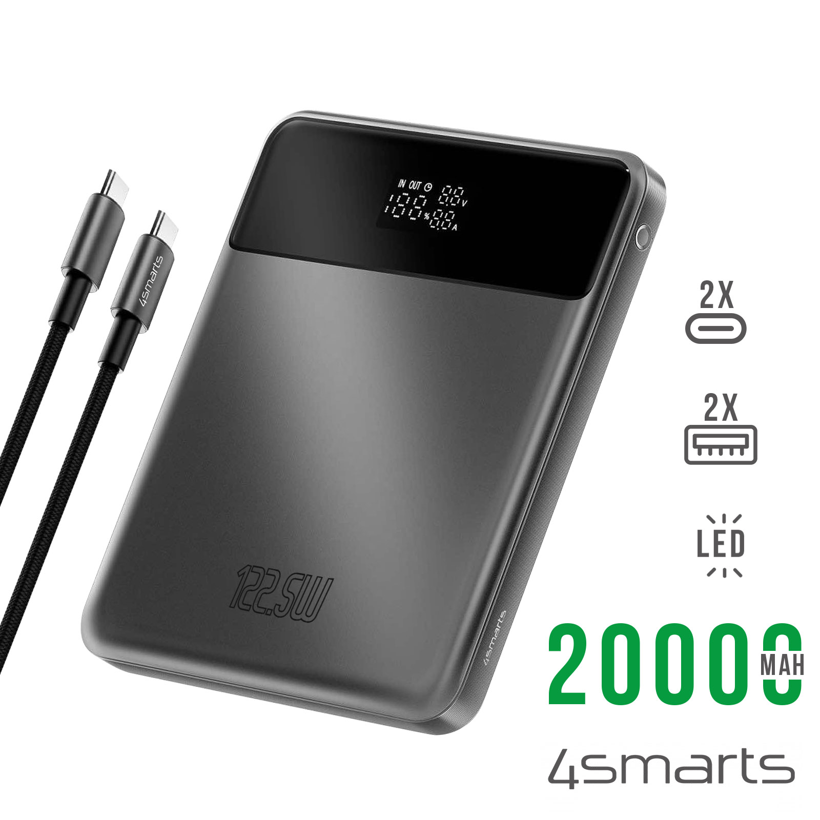 Powerbank 20000 MAh – 2 Porte USB Ricarica Rapida, Compatto Nero 14x2,5 Cm