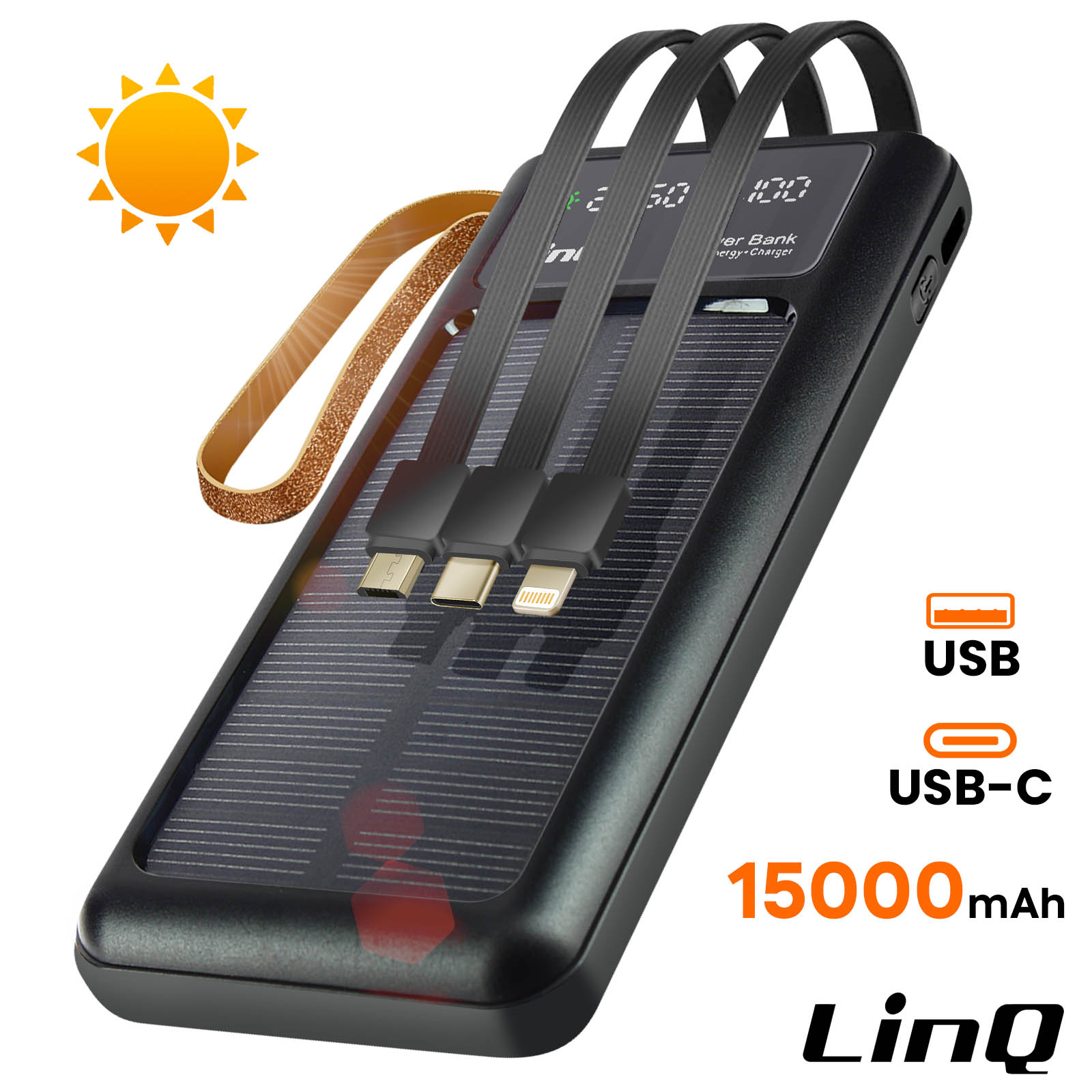 13000mAh Power Bank Mit 2 Kabeln – PD Schnellladung, 20W, LED-Anzeige, Für IPhone & Android, Schwarz