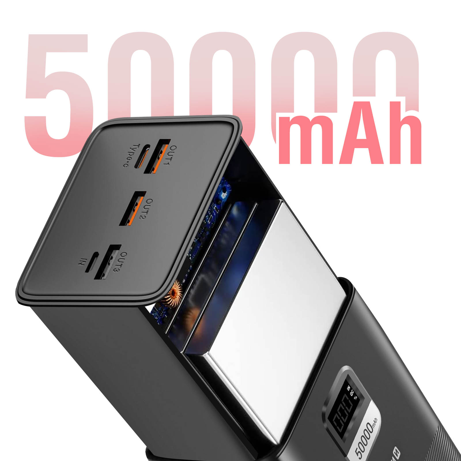 Batterie Externe 50000 MAh Avec Câbles Intégrés - Charge Rapide 22.5W - 7 Sorties / 3 Entrées - Lampe De Poche LED - Pour Voyage, Camping - 7