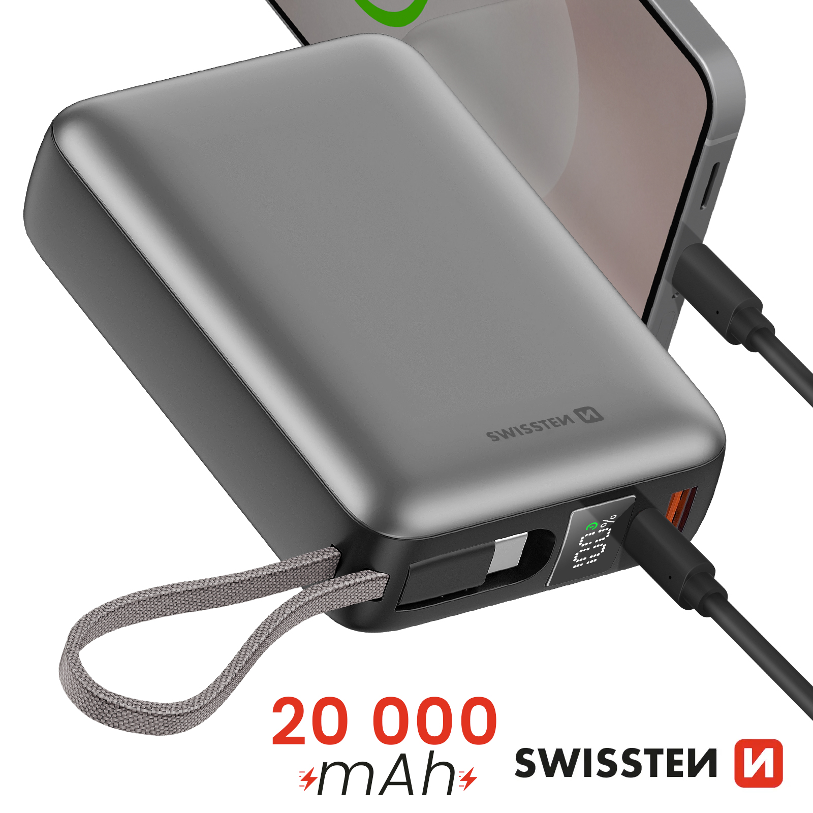 Batterie Externe Hichain 20000mAh 65W - Power Bank Avec Câble USB-C Intégré, Charge Rapide IPhone, MacBook, Android