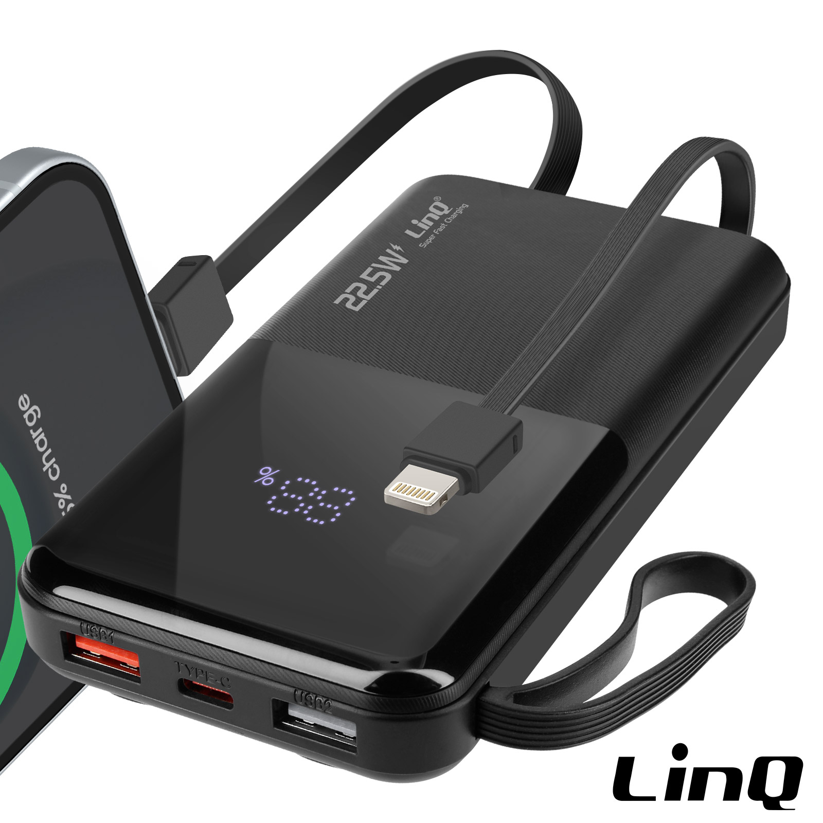 SHARGE Power Bank 10000mAh 30W Con Cavo USB-C Integrato - Batteria Portatile Trasparente Per IPhone 16/15, Galaxy S24, IPad E Pixel 9 - Ricarica Rapida 3 Dispositivi
