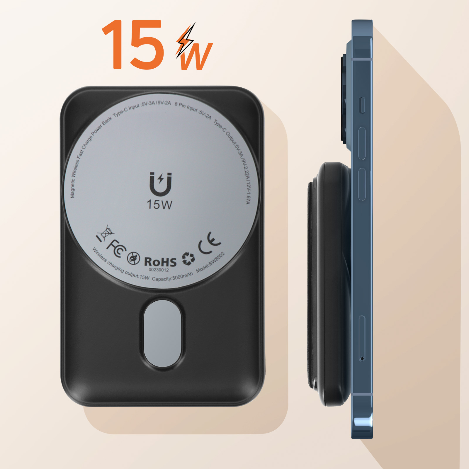 Power Bank Magnetico 5000mAh 22.5W Per Magsafe - Ultra Sottile E Leggero (122g) Con Ricarica Wireless E Cavo C-C Incluso - Grigio - 2