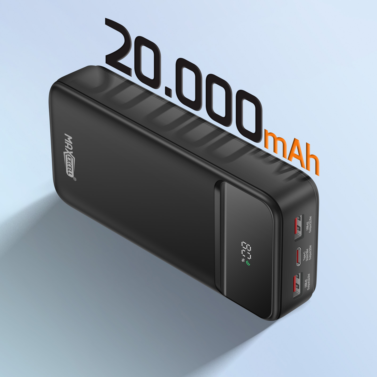 Batterie Externe 20000 mAh, USB C PD 20W + 2x USB 22.5W, Affichage LCD -  MaxExcell Noir