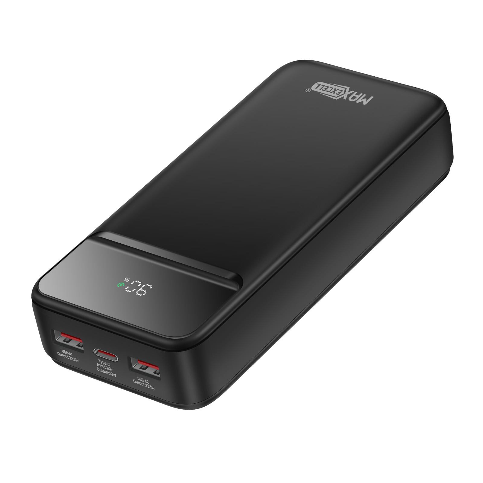 Batterie Externe 20000 mAh, USB C PD 20W + 2x USB 22.5W, Affichage LCD -  MaxExcell Noir - Franais