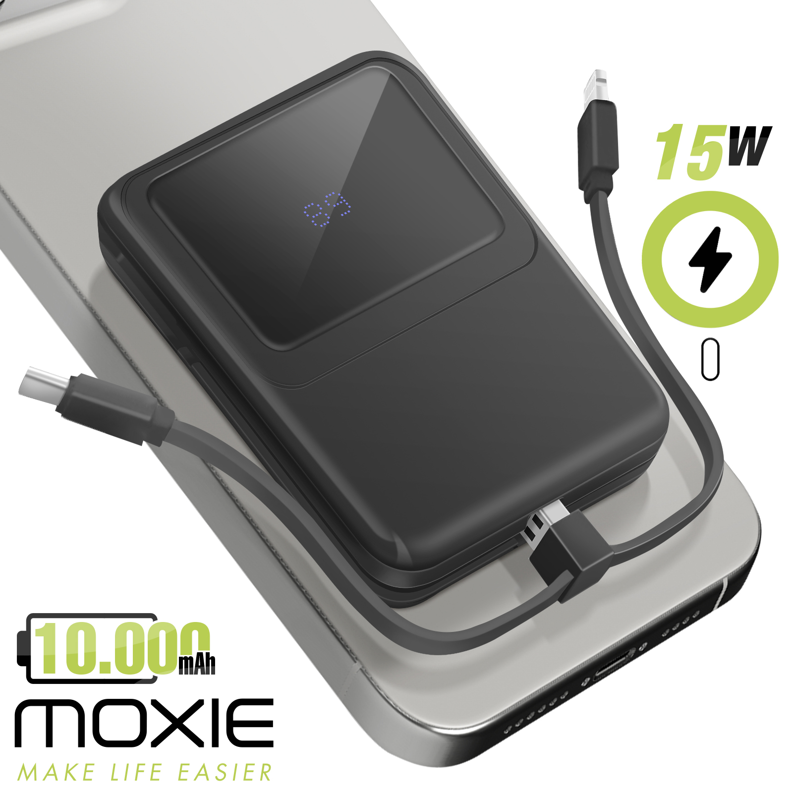 ALL-IN-ONE Power Bank 10.000 mAh Nero – ricarica rapida 22,5W, PD20W, ricarica wireless 15W, caricatore Apple Watch, cavi integrati (USB-C e Lightning), display LED, supporto in alluminio