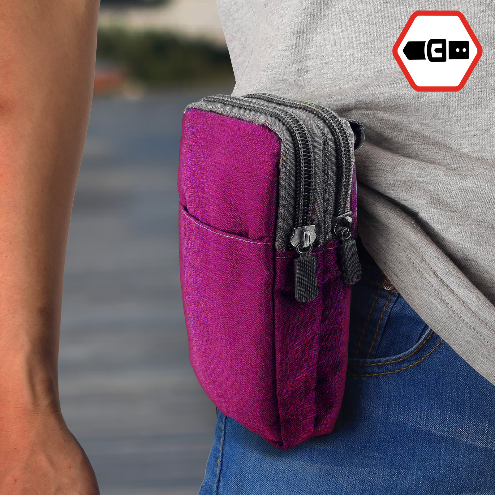 Pochette ceinture double poche zippée avec mousqueton + Lanière - Rose pour Oukitel C57 Pro