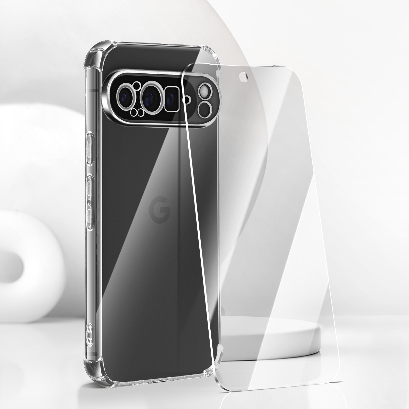 SDTEK Custodia per Google Pixel 9 PRO XL Fibra Carbonio 360 Protezione + Pellicola Schermo Vetro Temperato Cover Case