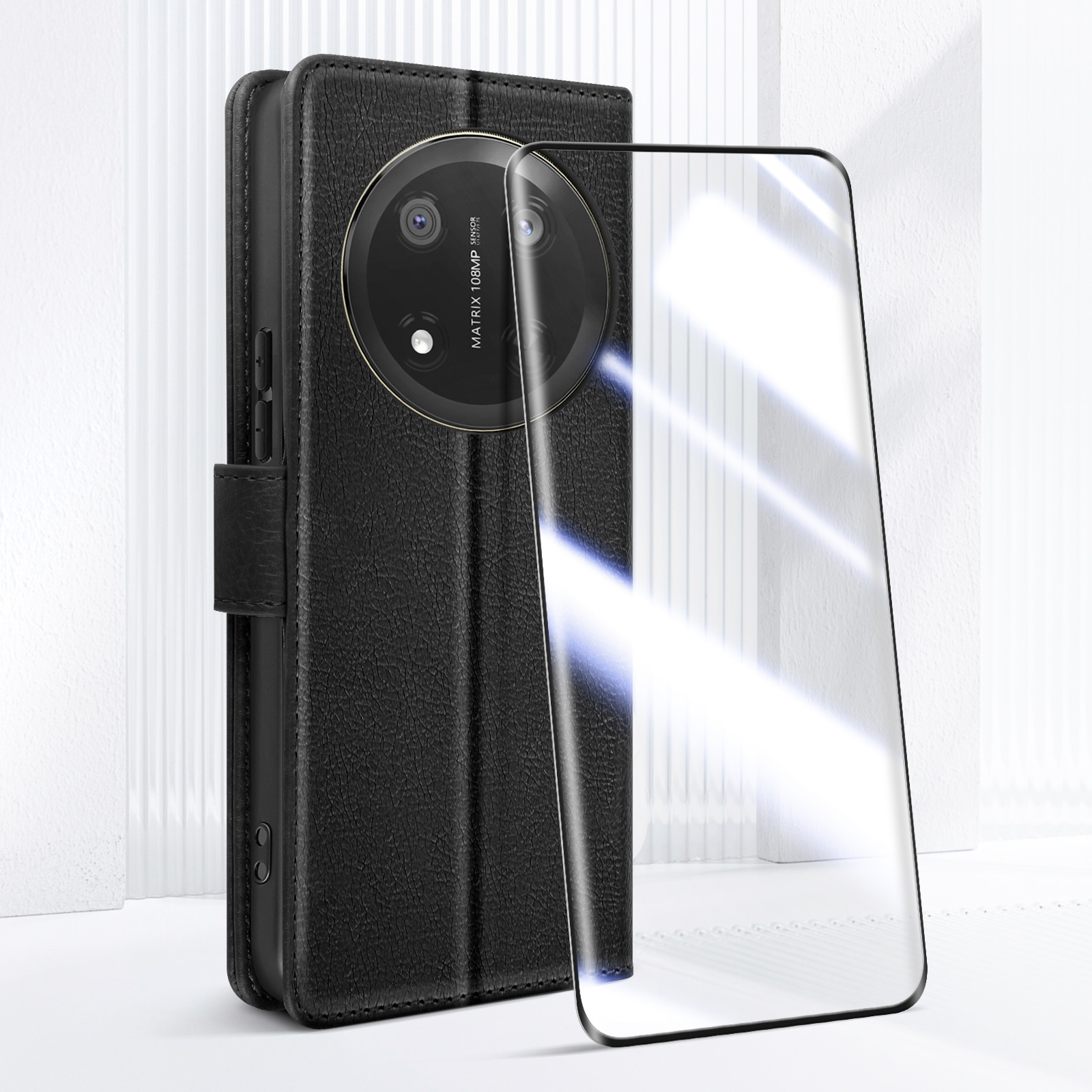 Cover per Honor Magic 7 Lite Custodia con Vetro Temperato, Premium Pelle PU Portafoglio Slot per Scheda RFID Antifurto Funzione Supporto Flip Case, Antiurto per Honor Magic 7 Lite 5G Cover (Nero