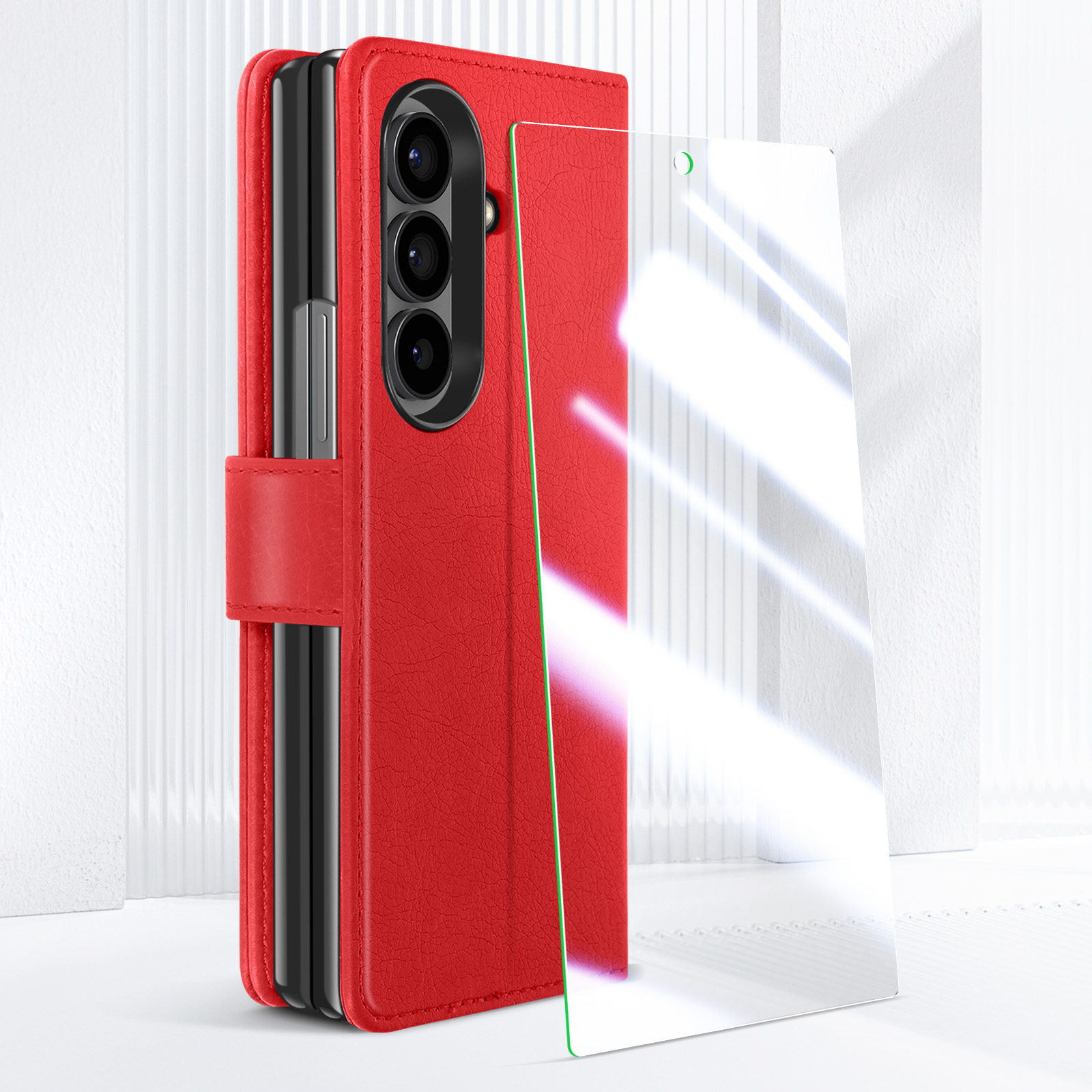 Custodia In Pelle Per Samsung Z Fold 1 / W20, Cover Antiurto In ABS Con Finitura In Pelle Bovina, Colore Rosso, 2 Pezzi