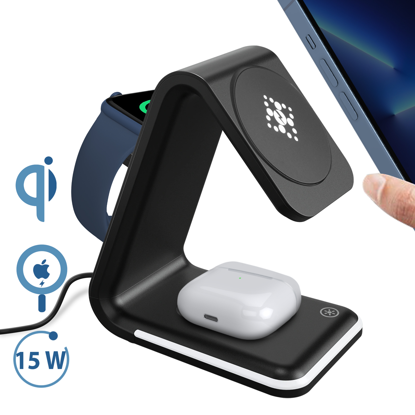 3 in 1 Caricatore Wireless Stazione, Certificato Qi2 15W Ricarica Rapida Mag -Safe Caricatore Magnetico Pieghevole Caricabatterie Wireless Phone Charger Stand per iPhone16/15/14/13/12, iWatch, Air-Pods