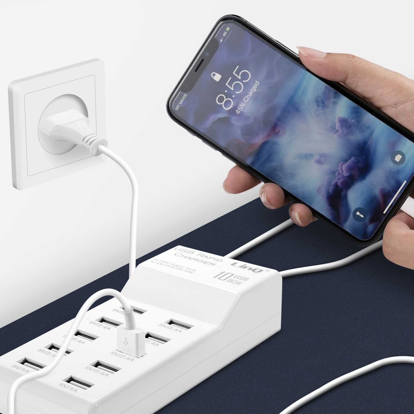 WIYETY Caricatore USB A 10 Porte 50W – Ricarica Rapida Intelligente Con Rilevamento Automatico, Per Smartphone, Tablet E Laptop