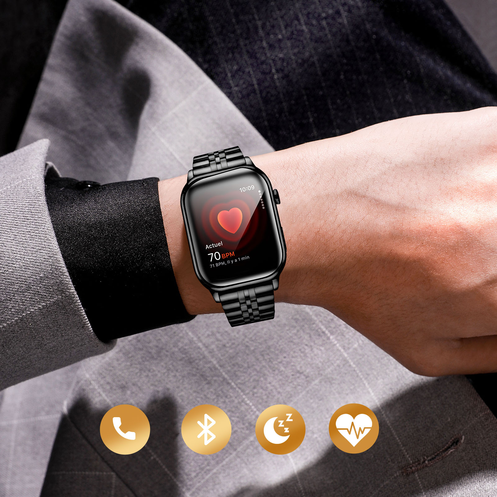 Montre Connectée Stepfly 42mm Noir - Étanche IP67, Suivi Santé - Neuf