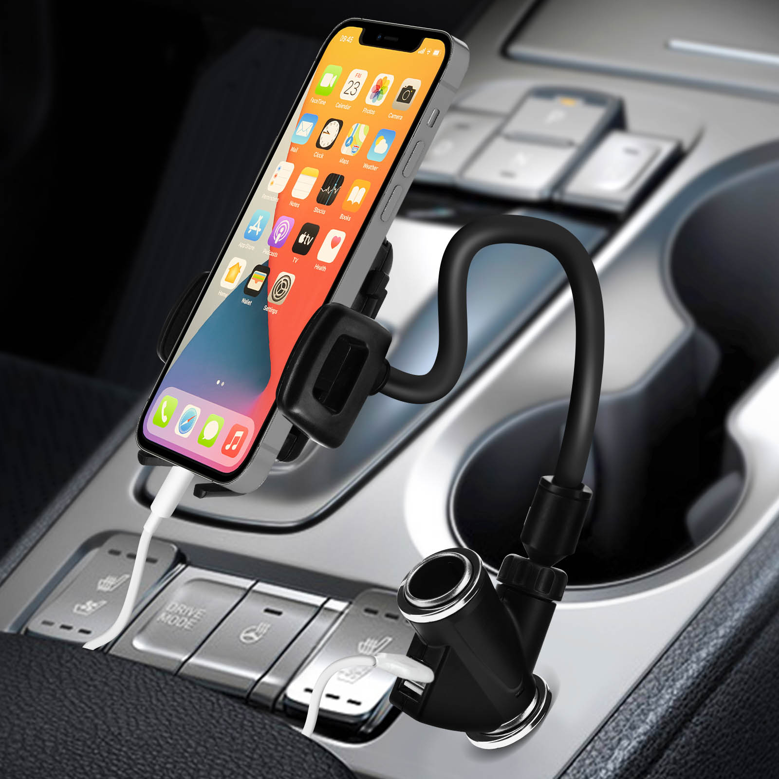 Support Voiture Smartphone Universel avec 2x Entres USB + Prise  Allume-cigare - Franais