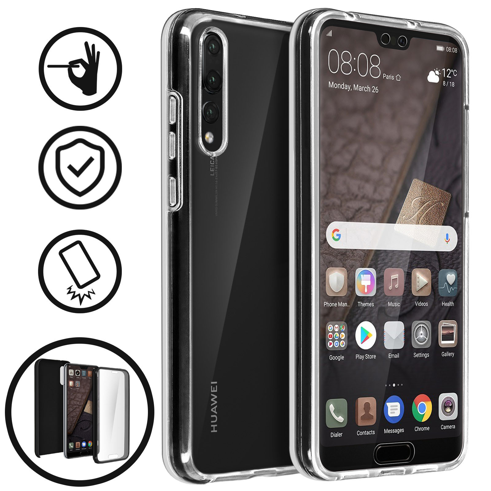 MyGadget Cover per Huawei P20 Pro - Custodia con Corda - Case con Cordino Trasparente Antiurto | Bumper con Laccio | Tracolla - Practical Stylish - Nero