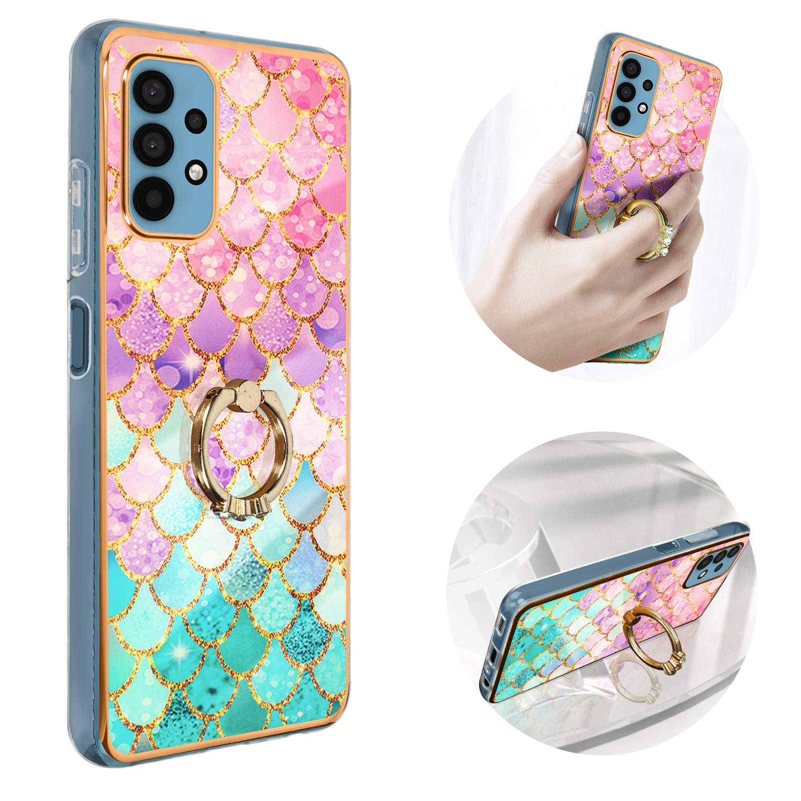 Samsung Galaxy A32 5G Handyhlle mit Meerjungfrau Muster und Ring-Halterung   Blau / Rosa - German