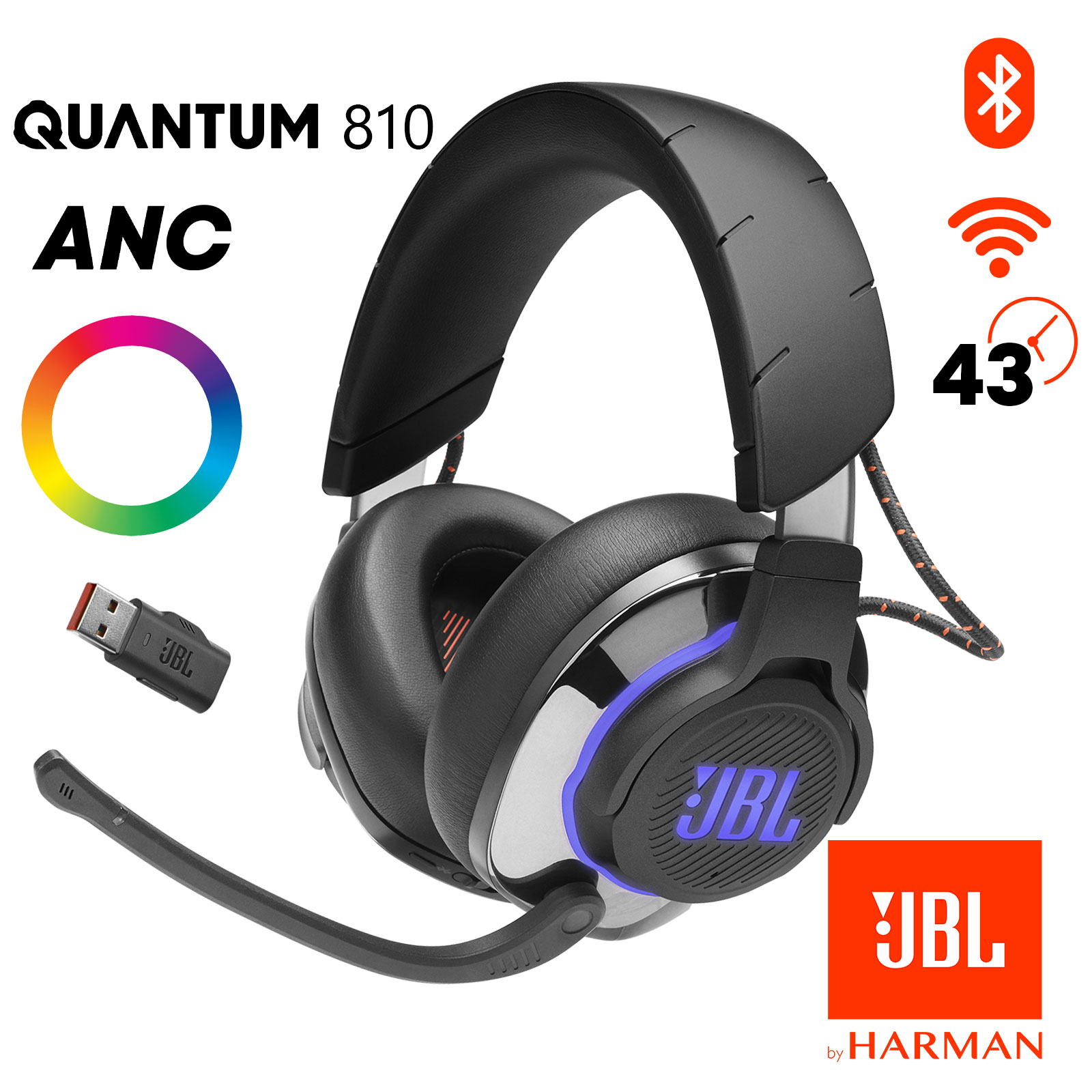 Casque JBL Quantum 810 Wireless Gamer Sans Fil Bluetooth avec Réduction de  Bruit + Micro Amovible, Autonomie 43 Heures - Noir - Français