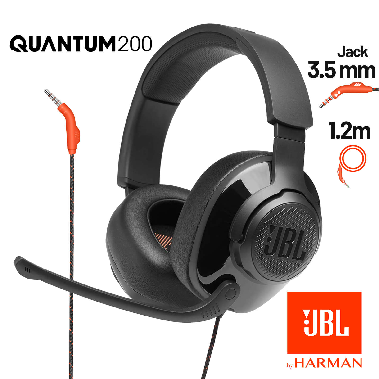 Casque Gaming JBL Quantum 200 Filaire Jack 3.5mm, Circum-aural avec Micro  Rétractable + Splitter PC 1.5m - Noir - Français