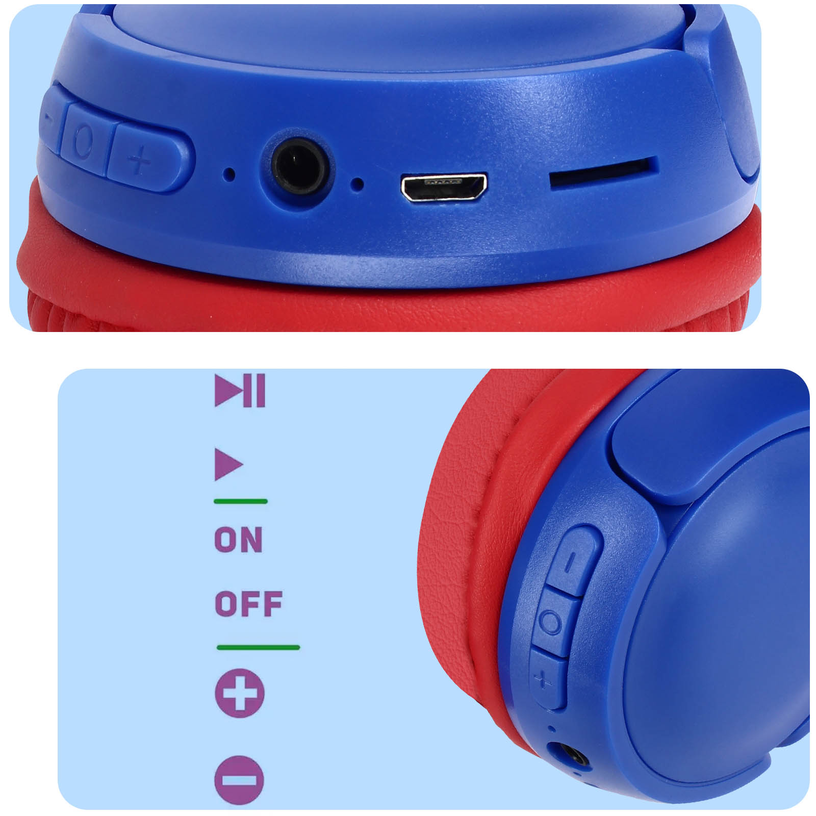 Casque audio enfant sans fil Bluetooth - bleu et rouge - Akashi    - Shopping et Courses en ligne, livrés à domicile ou au bureau,  7j/7 à la Réunion