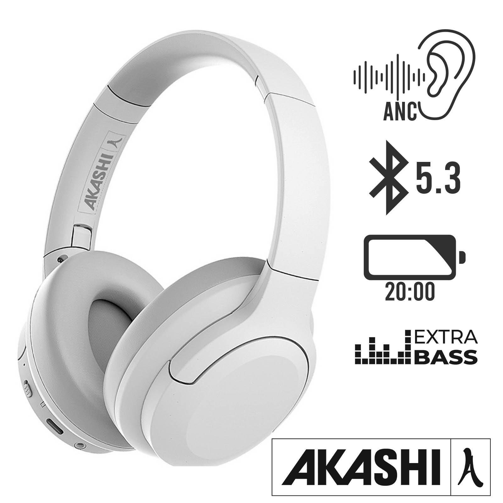 Casque Sans-fil Bluetooth 5.3, Réduction du Bruit et 20h d'Autonomie,  Akashi - Gris - Français