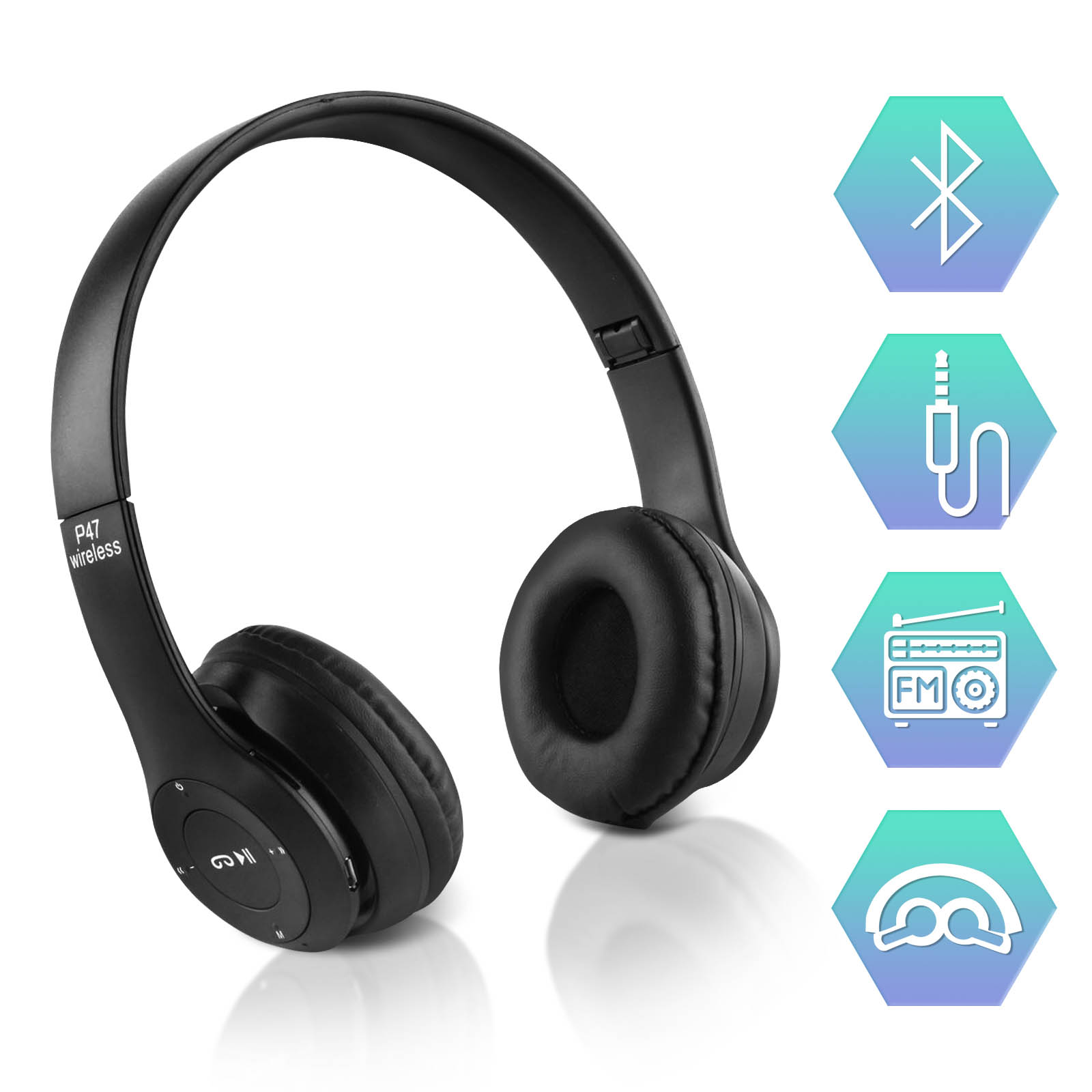 Casque Audio Stereo Bluetooth sans fil modèle P47, pliable - Noir - Français