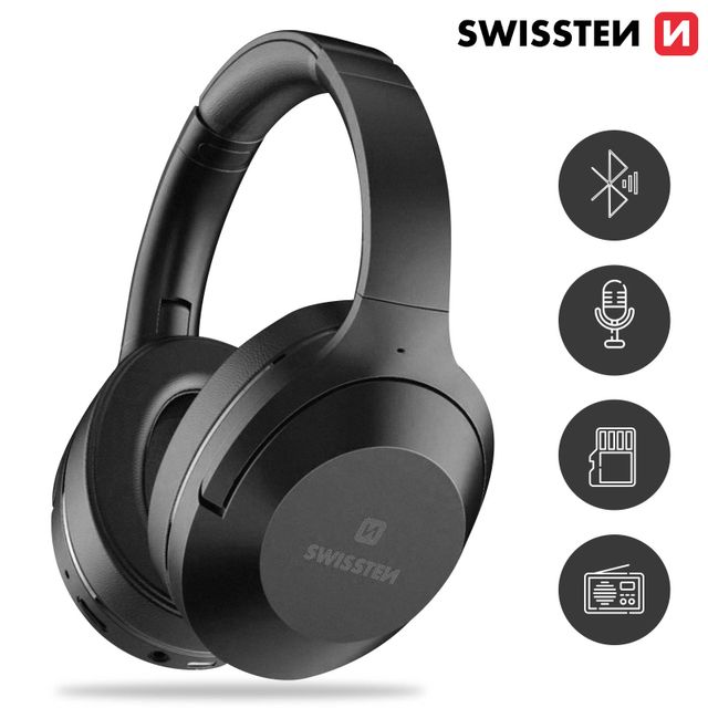 Cuffie Bluetooth wireless, IPX3 impermeabile con microfono e radio FM,  Swissten Hurricane - Nero - Italiano