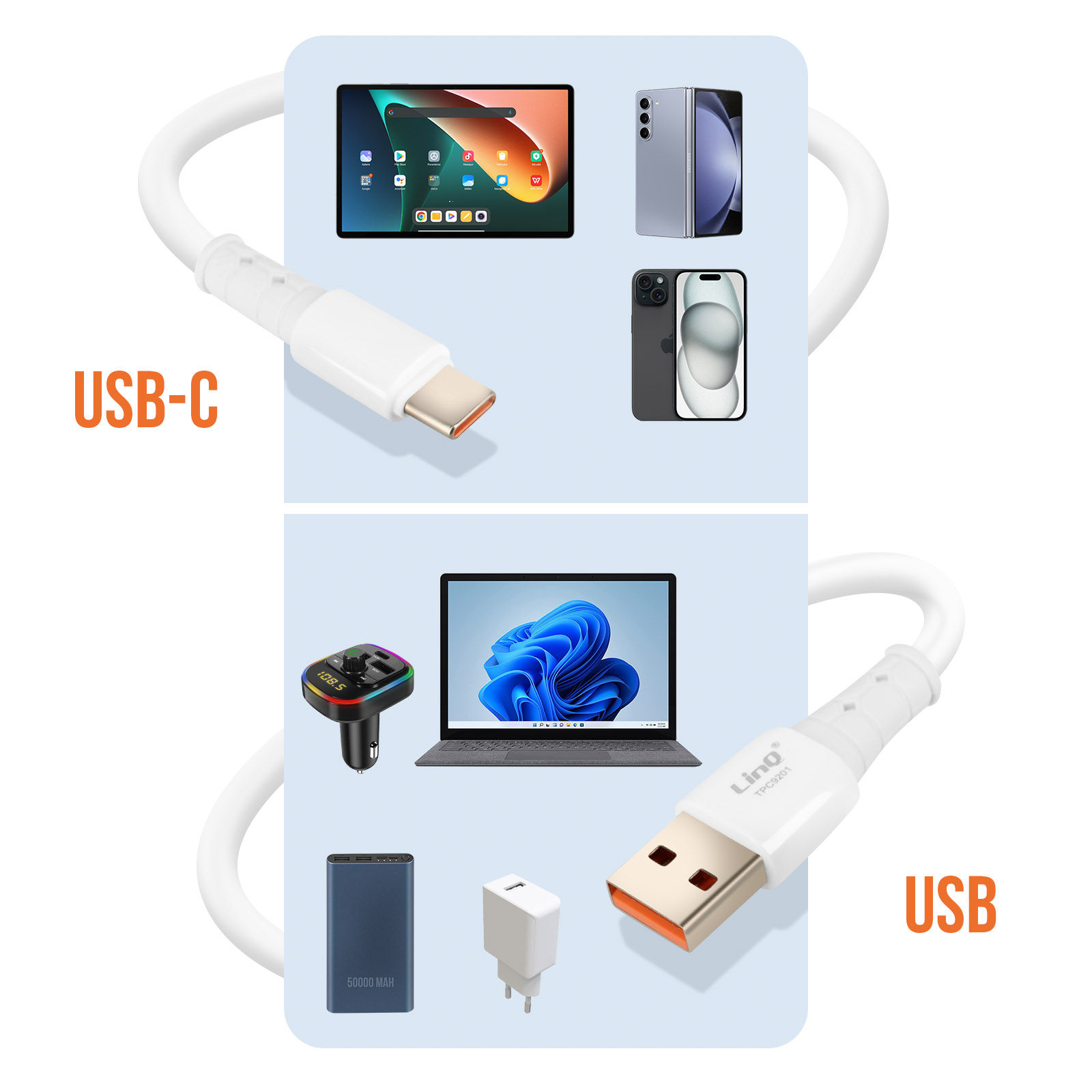 Câble USB vers USB C Fast Charge, Longueur 1.2m, LinQ - Blanc