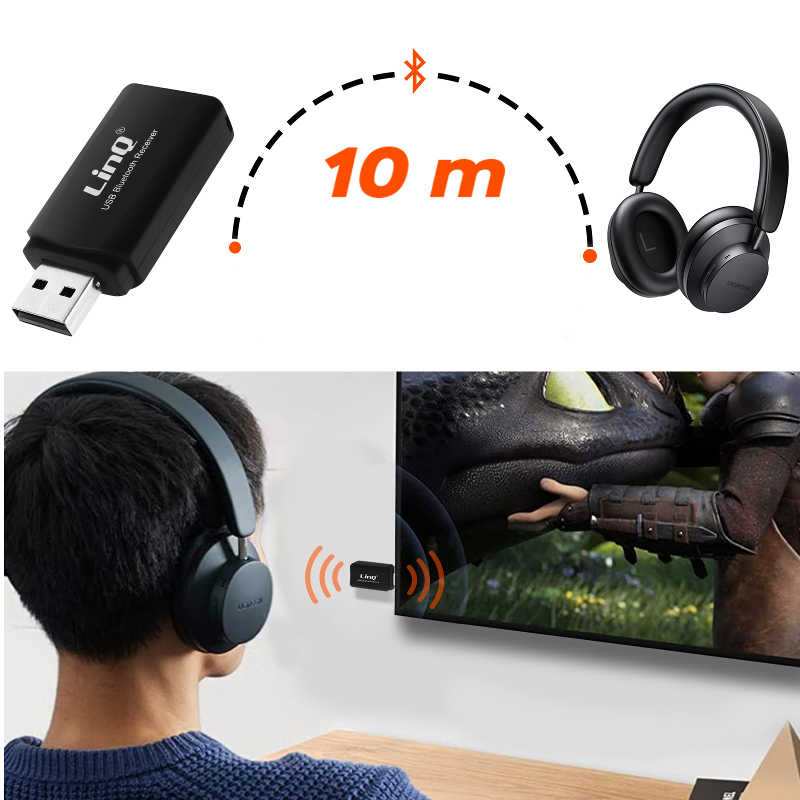 Adaptador Audio Bluetooth, Receptor Inalámbrico USB con Salida Jack + Cable Jack  3.5mm LinQ - Negro - Spain