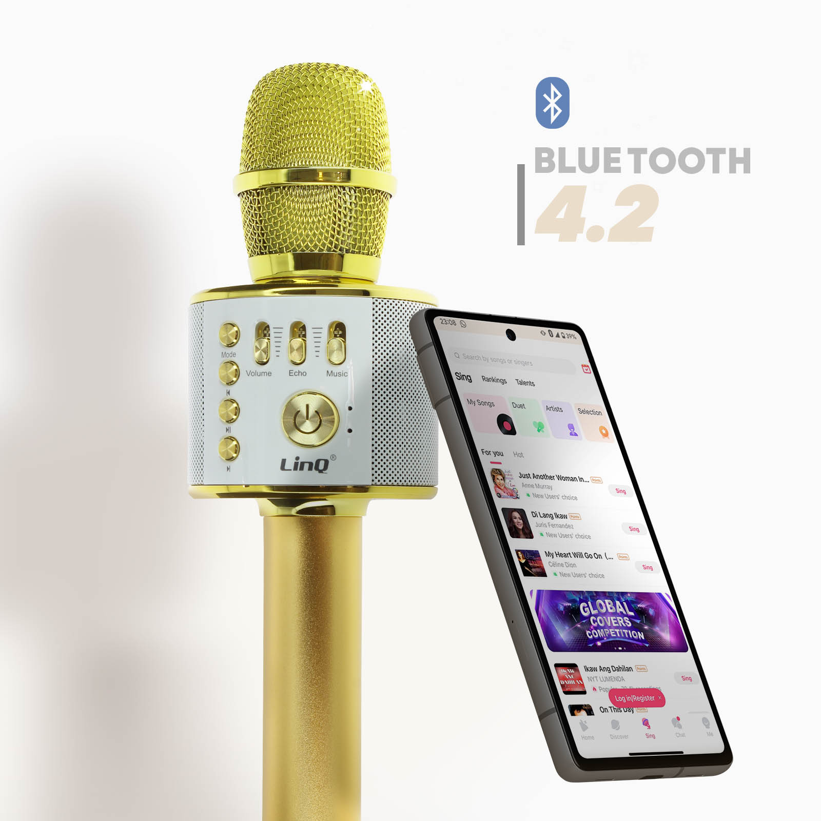 Micro Karaoke Bluetooth 5W, Boutons Multifonctions et Lecteur carte, LinQ -  Or - Français