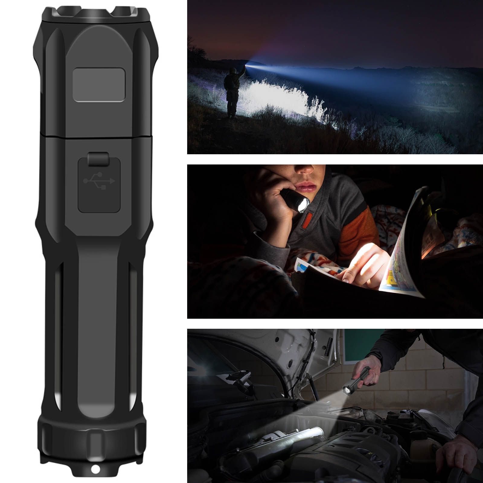 Lampe Torche LED série Flashlight, Zoom 30m Noir Français