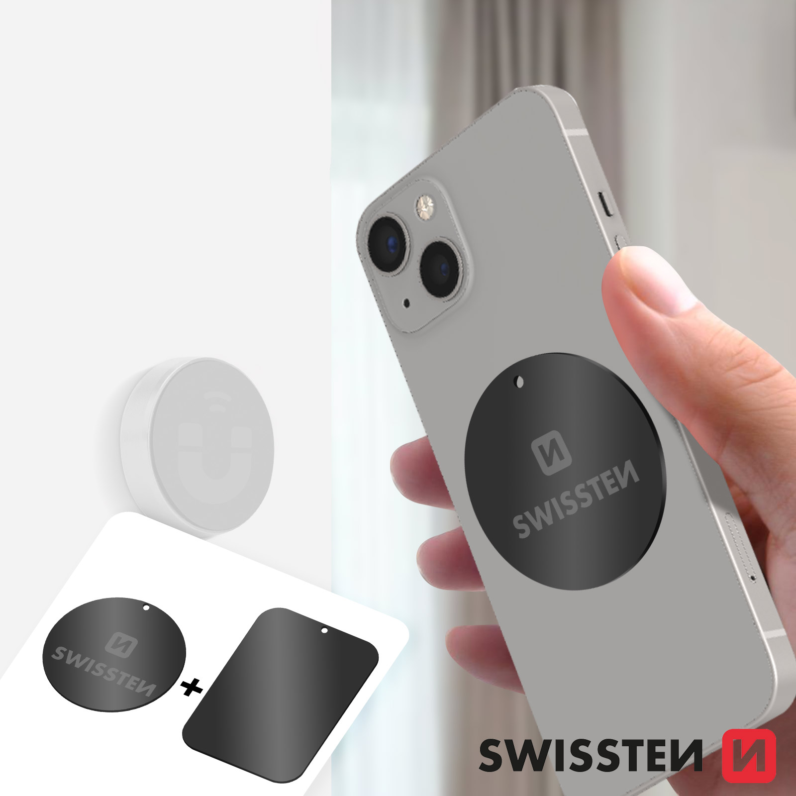 Adaptateur Support Magnétique pour Smartphones, 2x Plaques Métalliques  Swissten avec Adhésif - Français