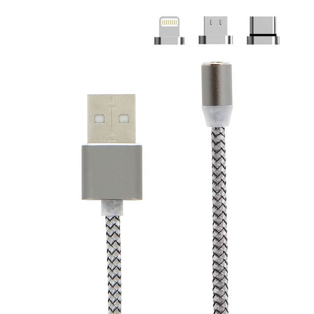serie Largo lavabo Cable trenzado de 1m con puntas intercambiables y magnéticas: Lightning,  USB Type-C y Micro-USB - Plata - Spain