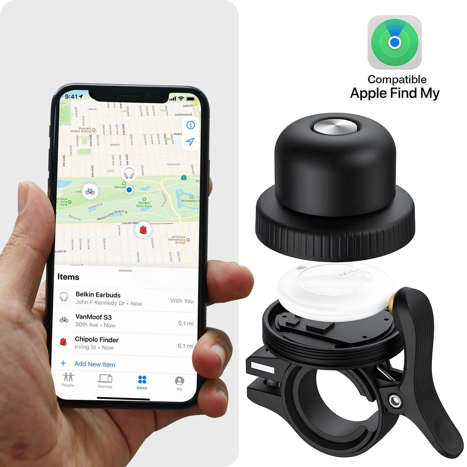 Sonnette connectée pour Vélo, Tracker compatible Apple Find My, Noir - MiLi  - Français