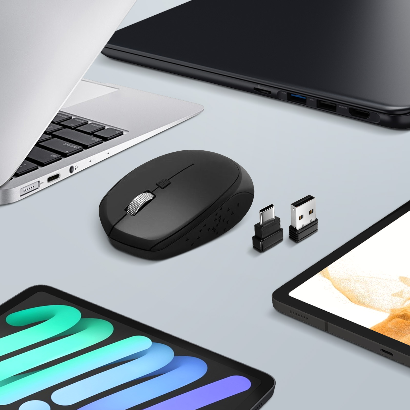 Souris Sans Fil avec Adaptateurs USB-C et USB inclus, Éco-conçu pour  Tablettes, Ordinateurs et Macbook - Noir - Français