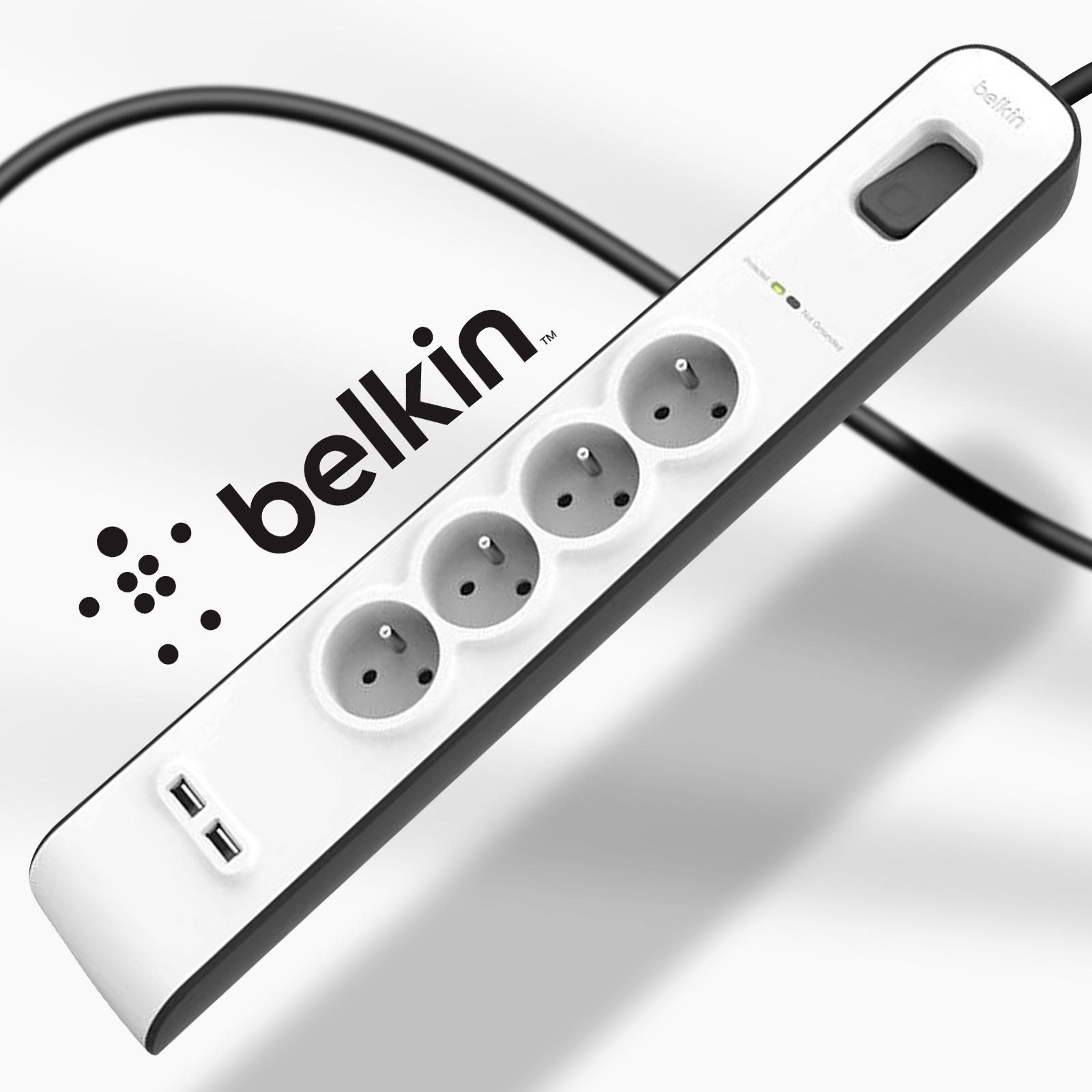 BELKIN MULTIPRISE PARAFOUDRE AVEC USB 4 PRISES (MONTAGE MURAL, CORDON  D'ALIMENTATION DE 2 M, VOYANT LUMINEUX VERT, 1 PORT USB-C