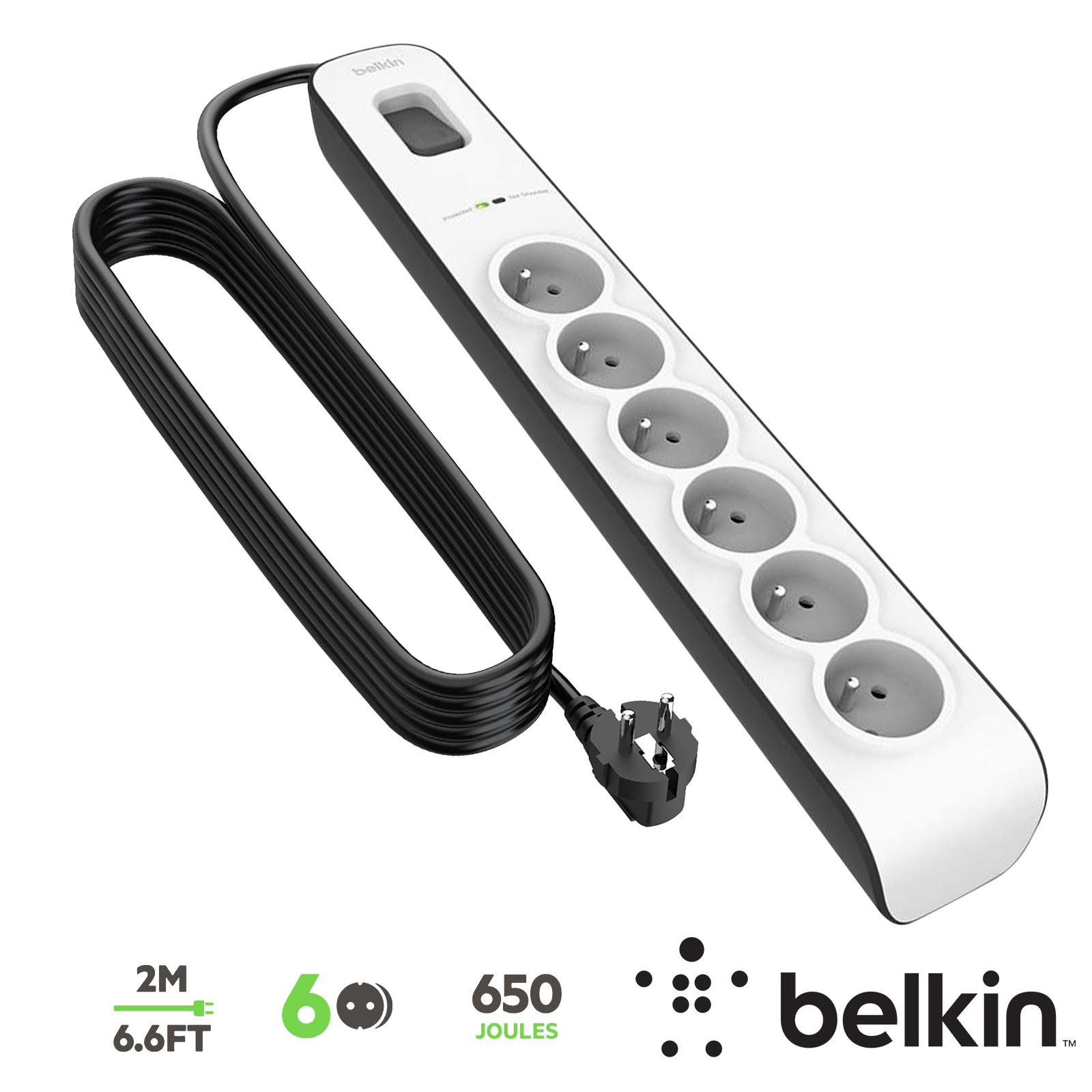 Multiprise Parafoudre Belkin 6 prise, cable de 2 metre, Bouton  d'alimentation - Français
