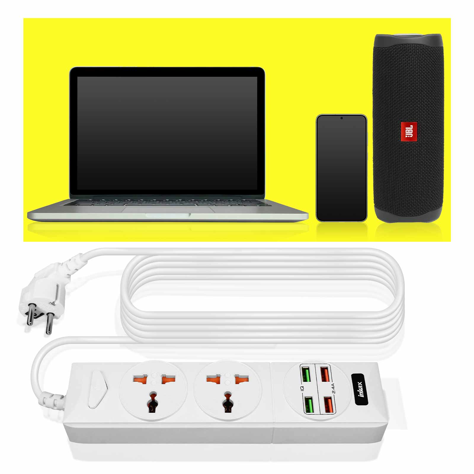 Multiprise Universelle Inkax, 2x Prises courant + 4x Ports USB, Bouton  d'alimentation - Français