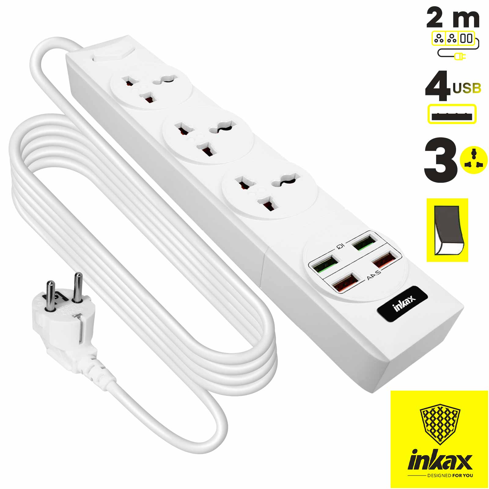 Multiprise Universelle Inkax, 3x Prises courant + 4x Ports USB, Bouton  d'alimentation