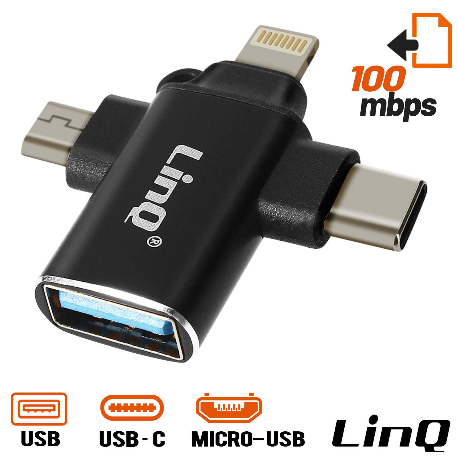 Adaptateur USB 3 en 1 Micro/Lightning/USB-C LinQ OTGU930