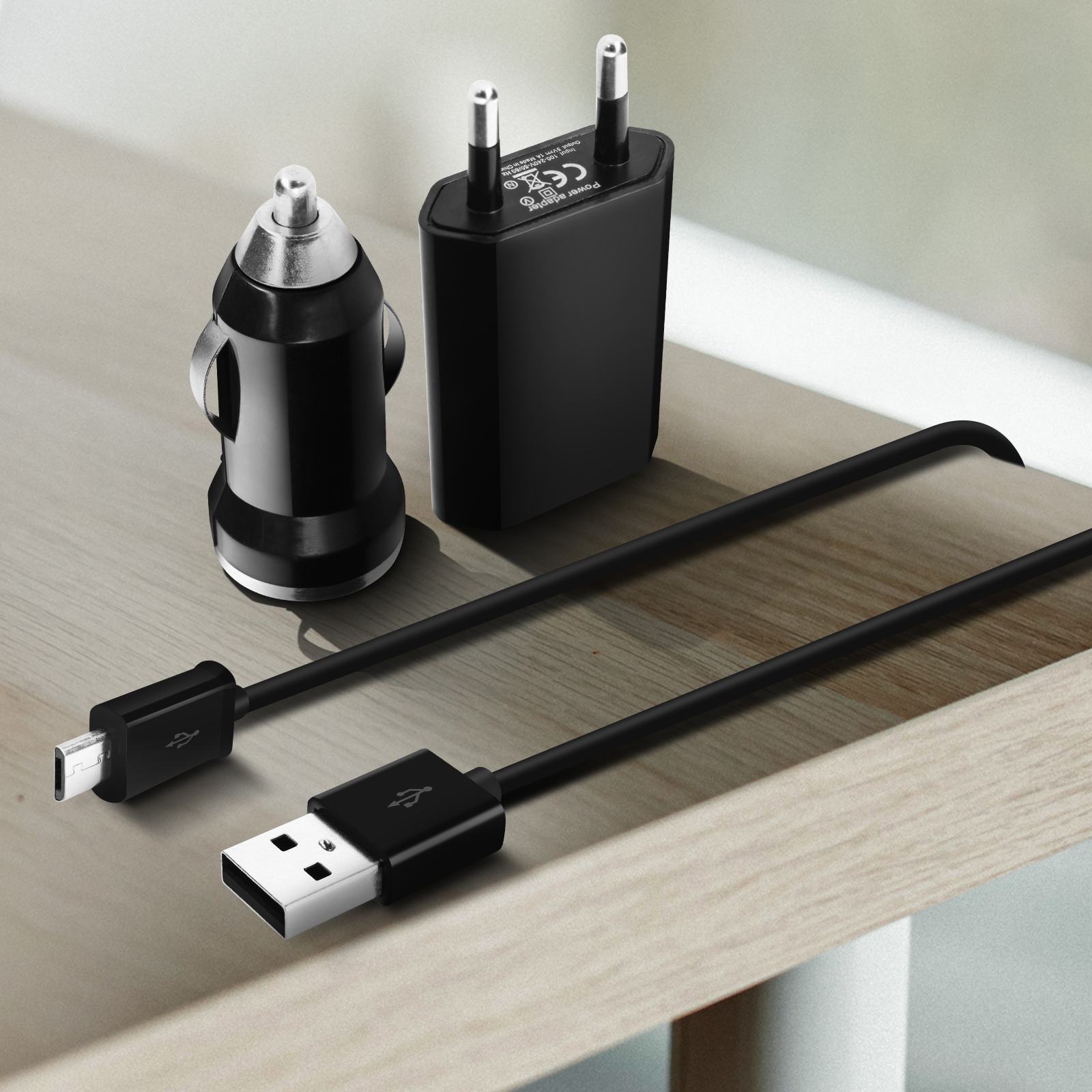 KFZ-Ladegerät: Ladegerät + Wand-Ladegerät + Micro-USB Ladekabel