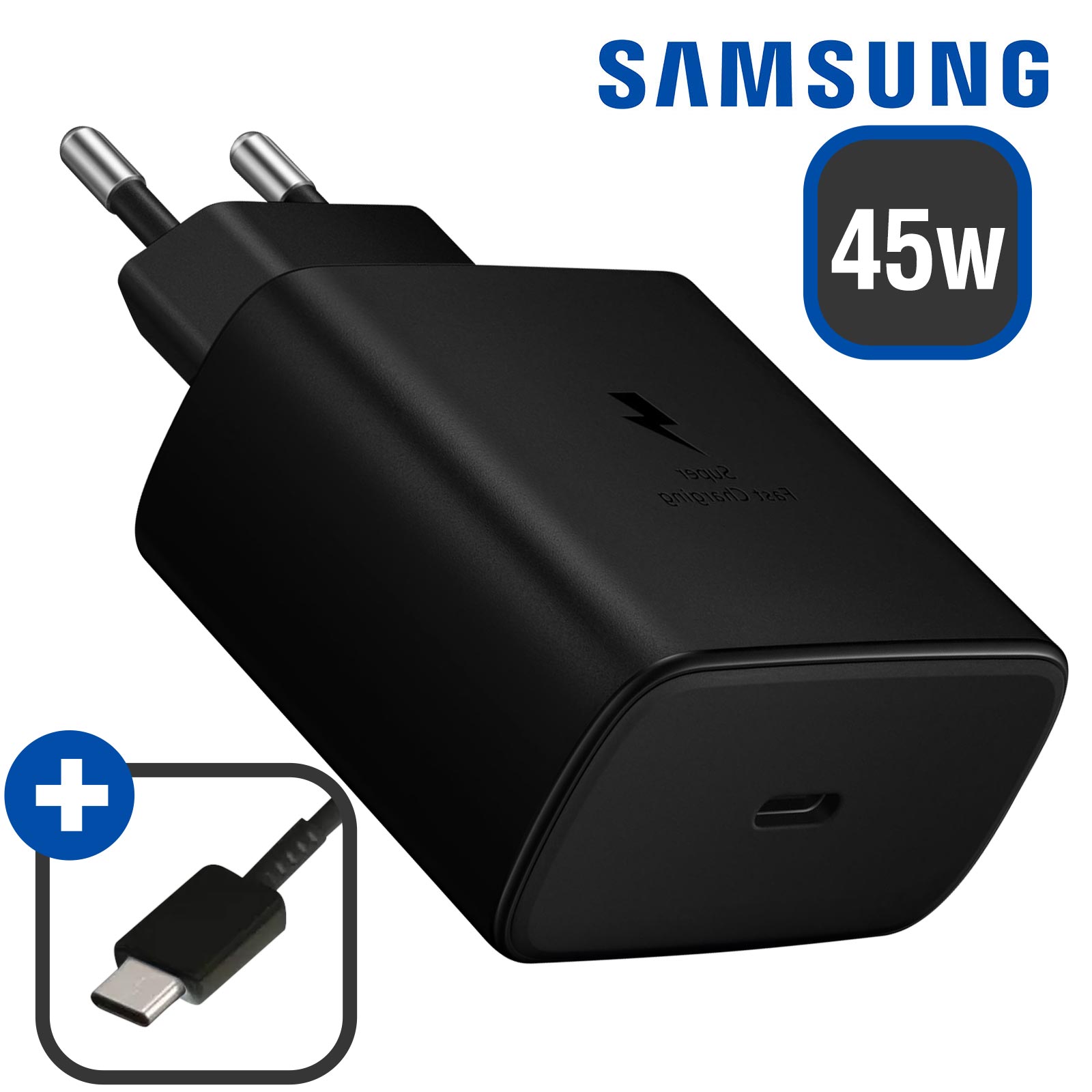 Cargador Samsung Original 45W USB-C + Cable USB-C a USB-C, Super Fast  Charging 2.0 – Negro
