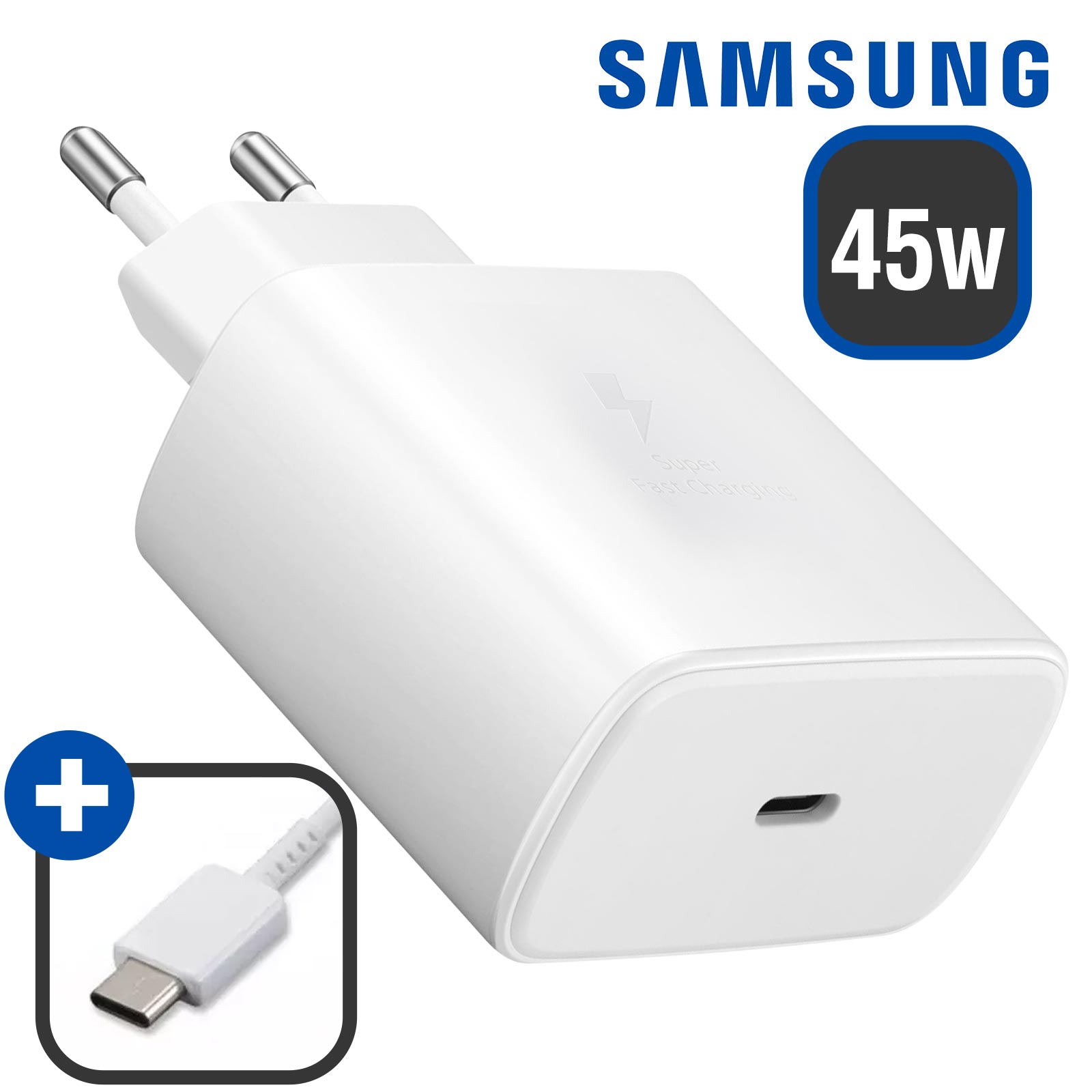 Cargador Samsung Original 45W USB-C + Cable USB-C a USB-C, Super Fast  Charging 2.0 – Blanco