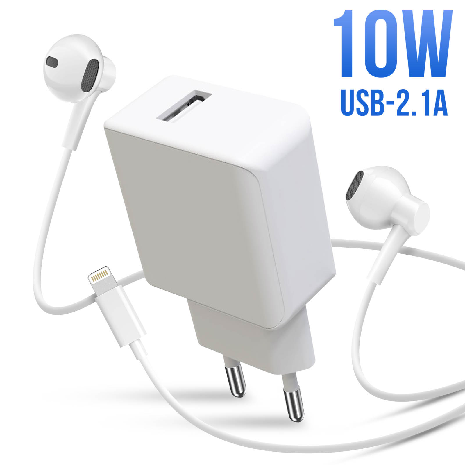 Pack 2-en-1 : Chargeur Secteur USB 2.1A + Écouteurs Filaires