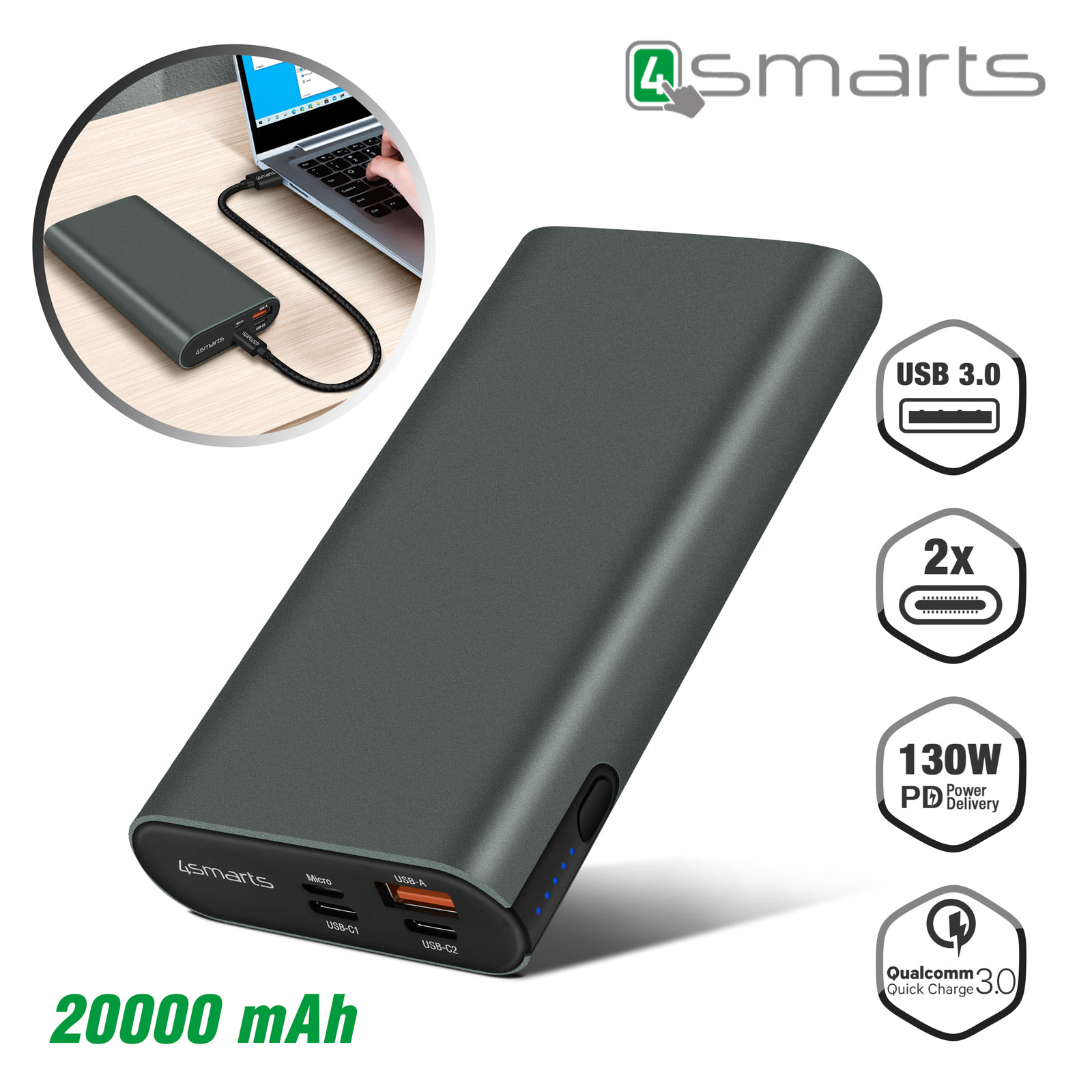 Batterie de Secours 20000mAh, Double Sortie USB-C 130W + USB 3.0, 4Smarts  Enterprise 2 - Noir - Français