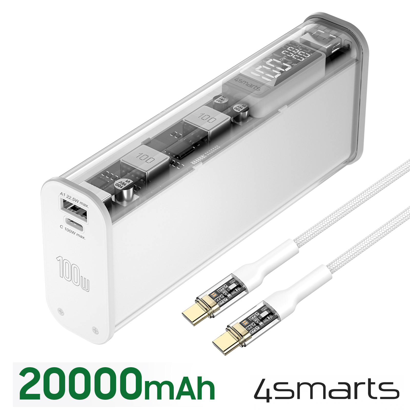 Batterie de secours 20000mAh 100W USB C + USB 3.0, 4Smarts Lucid Block -  Blanc Translucide - Français